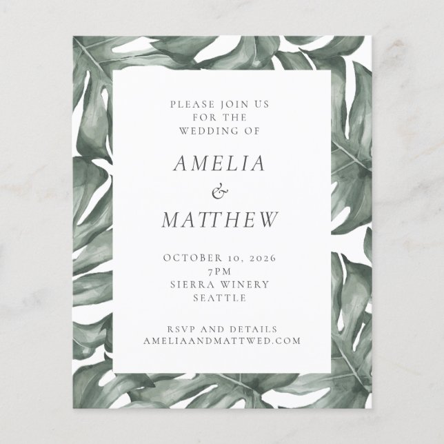Budget Watercolor Monstera Green Wedding Invite (Front)