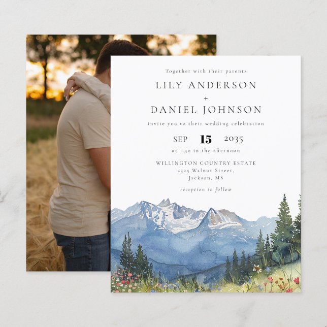 Budget Watercolor Mountain Photo Wedding Invite (Front/Back)