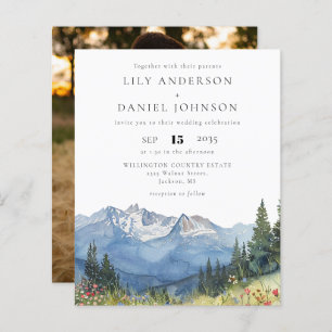 Budget Watercolor Mountain Photo Wedding Invite