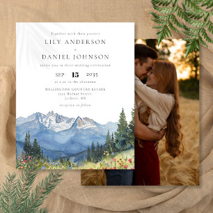 Budget Watercolor Mountain Photo Wedding Invite