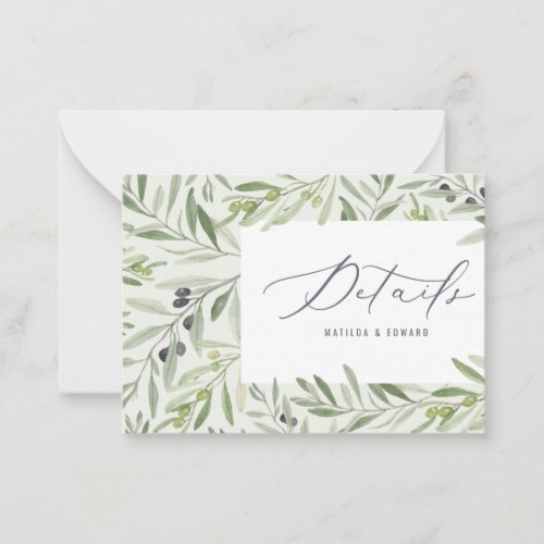 budget watercolor olive elegant wedding details note card