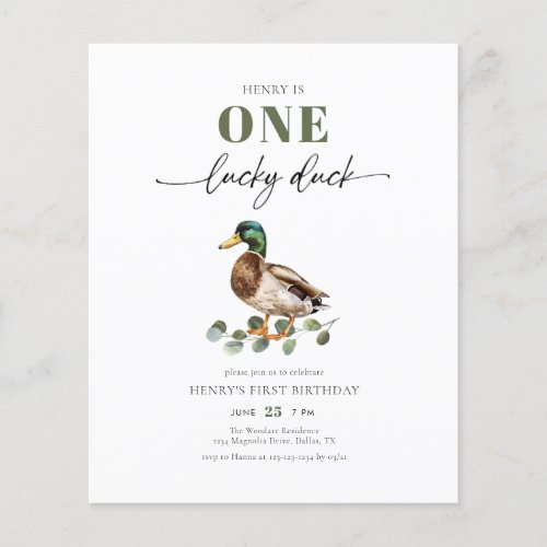 Budget Watercolor One Lucky Duck Boy 1st Birthday Flyer