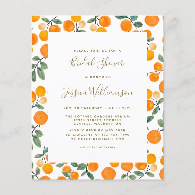 Budget Watercolor Oranges Bridal Shower Invite (Front)