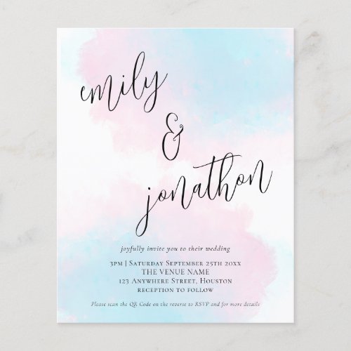 Budget Watercolor Pink Blue QR Code Wedding Invite