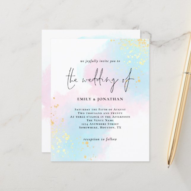 Budget Watercolor Pink Blue Wedding Invitation (Front/Back In Situ)