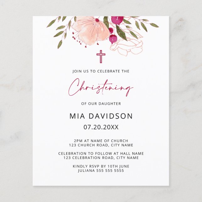 Budget Watercolor Pink Floral Girl Christening (Front)