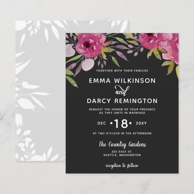 Budget Watercolor Pink Floral Wedding Invitation (Front/Back)