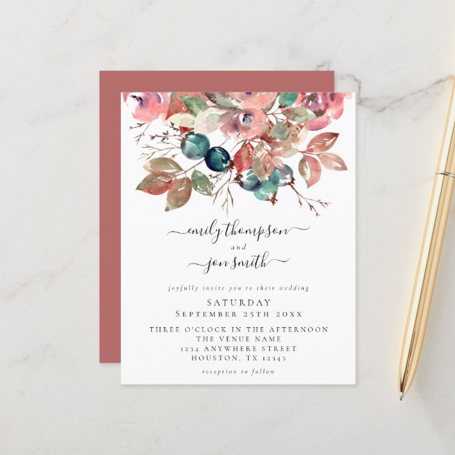 Budget Watercolor Pink Florals Wedding Invitation (Front/Back In Situ)