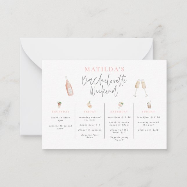 budget watercolor pink girl bachelorette itinerary note card (Front)