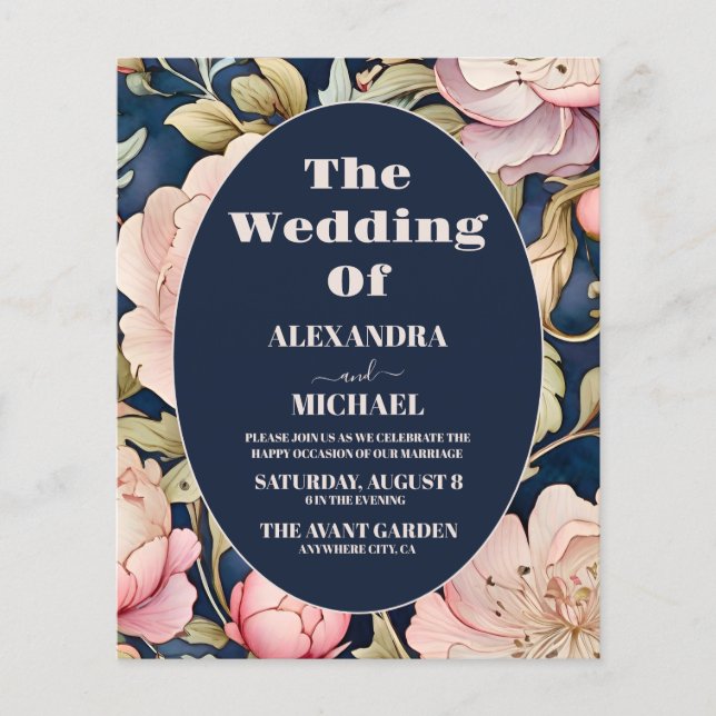 Budget Watercolor Pink Peony  Art Nouveau Wedding (Front)