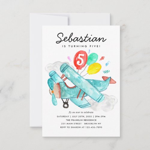 Budget Watercolor Plane Balloons Kids Birthday Note Card