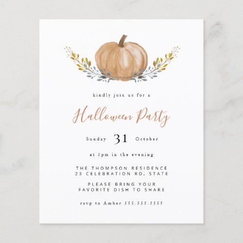 Budget Watercolor Pumpkin Halloween Party Invite