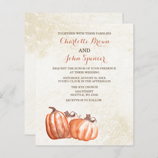 Budget watercolor pumpkins fall wedding invitation (Front/Back)
