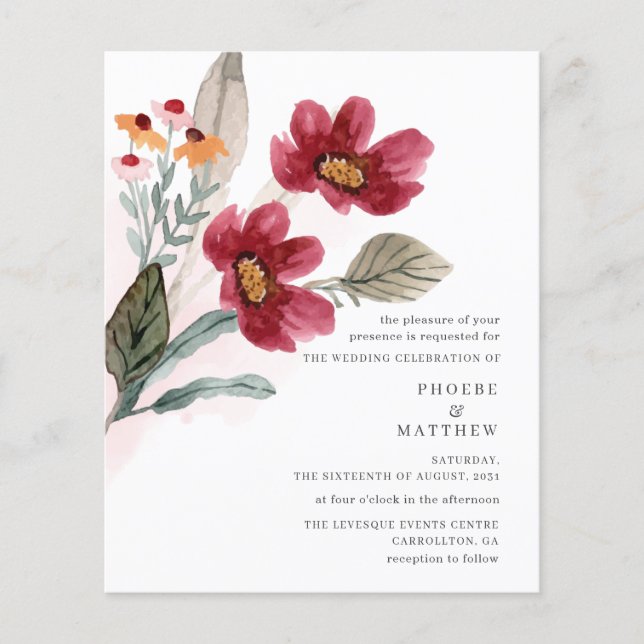Budget Watercolor Rustic Burgundy Floral Wedding (Front)