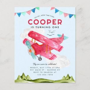 Budget Watercolor Sky Clouds Red Airplane Birthday