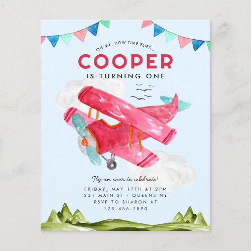 Budget Watercolor Sky Clouds Red Airplane Birthday