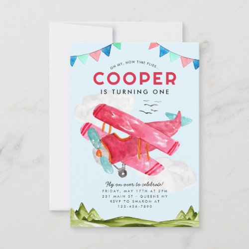 Budget Watercolor Sky Red Kids Airplane Birthday Note Card