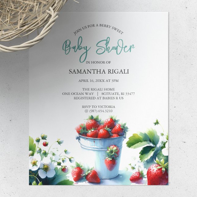 Budget Watercolor Strawberry Baby Shower Flyer (Budget baby shower invitation watercolor strawberries by Do Tell A Belle)