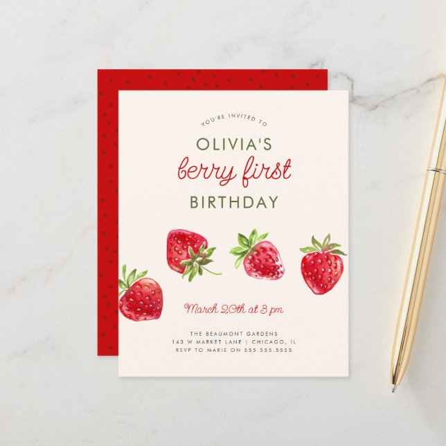 Budget Watercolor Strawberry Berry First Birthday (Front/Back In Situ)