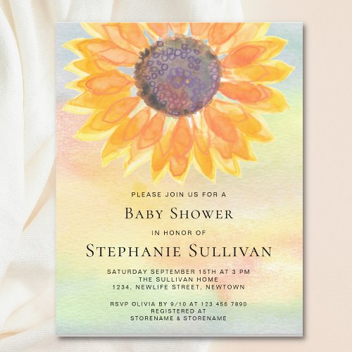 Budget Watercolor Sunflower Baby Shower Invitation