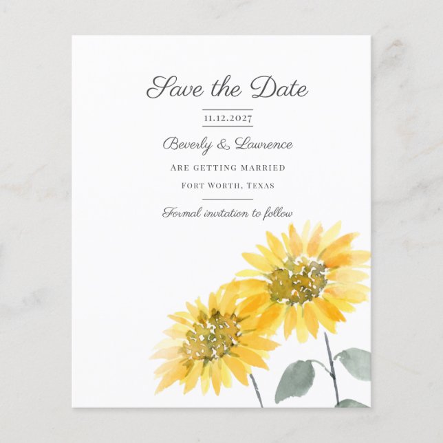 Budget Watercolor Sunflower Floral Save The Date (Front)