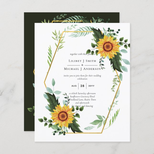 BUDGET Watercolor SUNFLOWERS Greenery Wedding (Front/Back)