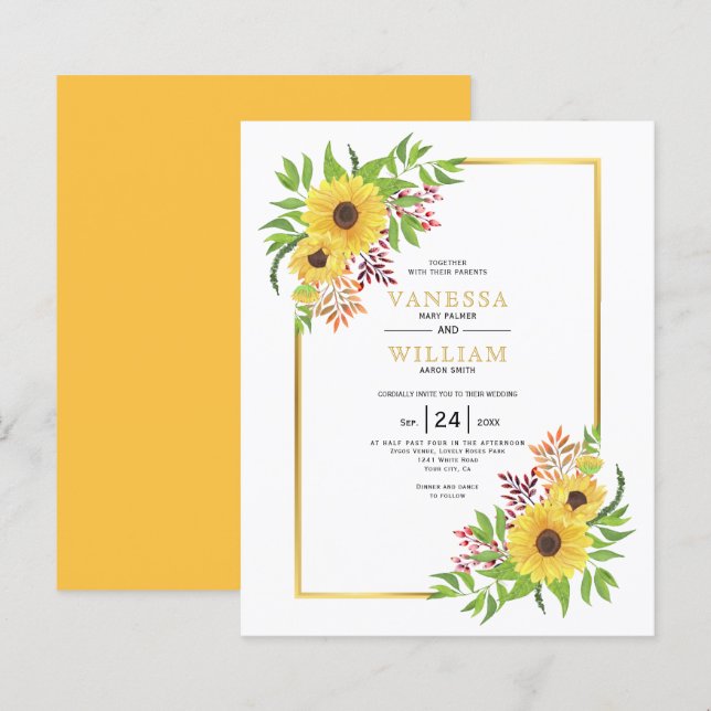 BUDGET Watercolor sunflowers wedding invitation (Front/Back)