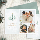 Budget Watercolor Trees 3 Photo Collage Christmas<br><div class="desc">Spread the festive spirit affordably with our Photo Christmas Card. The right side features a charming 3-photo collage, while the left side boasts a serene pale blue watercolor background adorned with watercolor pine trees embellished with gold stars and dust. "Merry" in serif type and "Christmas" in chic gold script complete...</div>