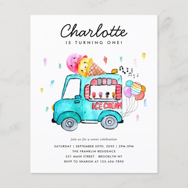 Budget Watercolor Truck Balloon Ice Cream Birthday Flyer (Front)
