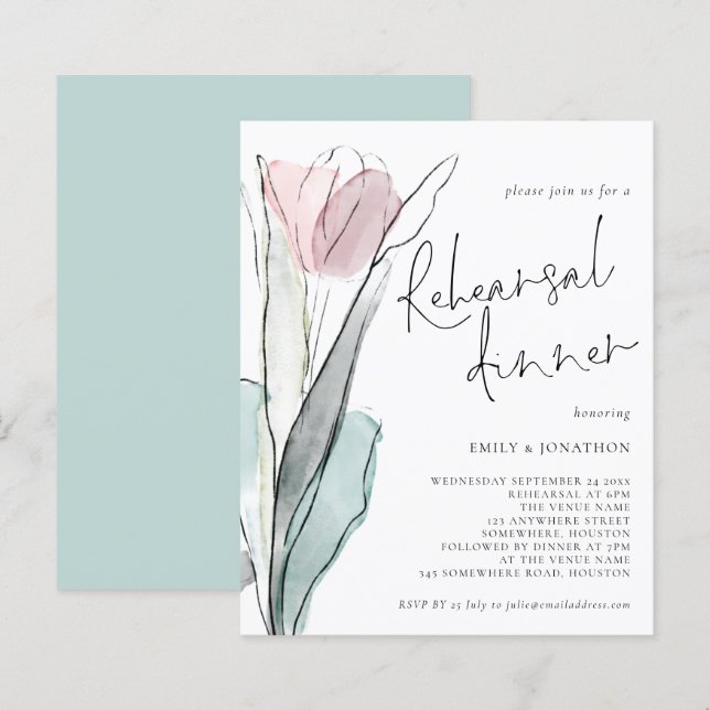 Budget Watercolor Tulip Rehearsal Dinner Invite (Front/Back)