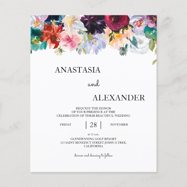 Budget Watercolor Wedding invitation. Invitation (Front)