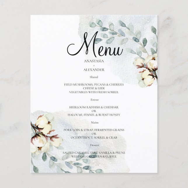 Budget Watercolor WEDDING MENU. Flyer (Front)