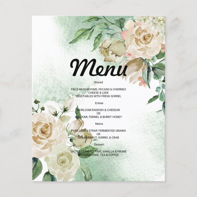 Budget Watercolor WEDDING MENU. Flyer (Front)