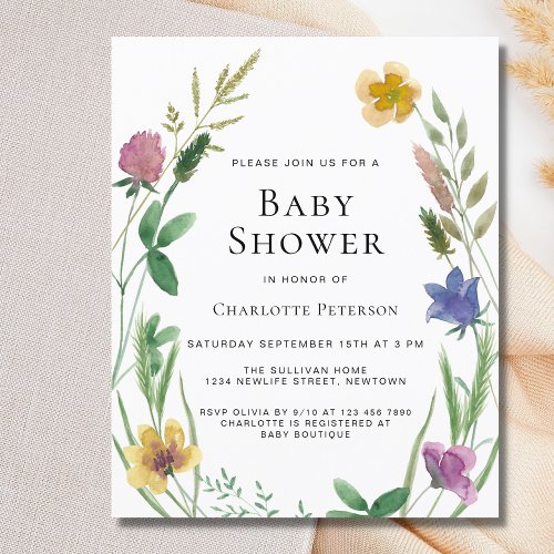 Budget Watercolor Wildflower Baby Shower Invite