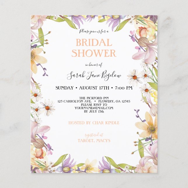 Budget Watercolor Wildflower Boho Bridal Shower Flyer (Front)