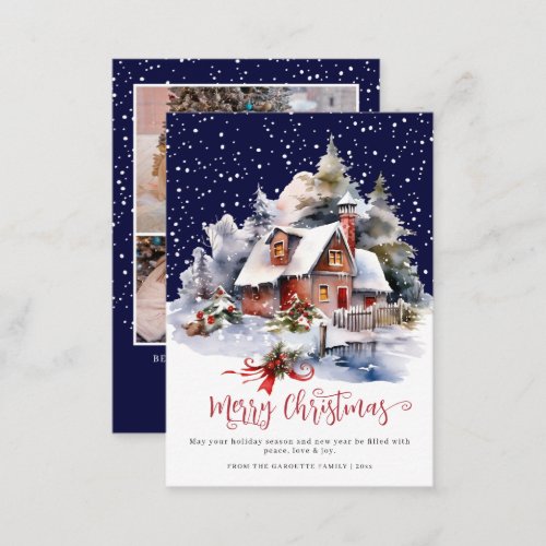 Budget Watercolor Winter 3 Photo Merry Christmas Note Card