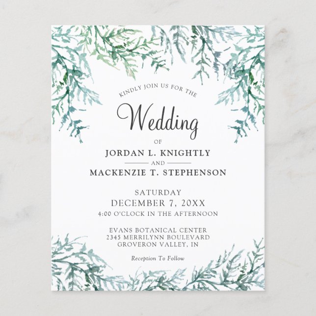 Budget Watercolor Winter Pine Wedding Invitation (Front)