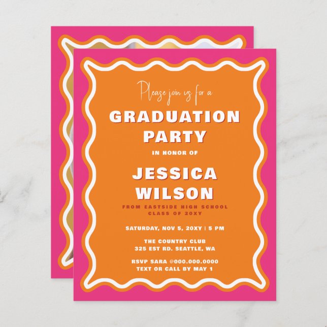 Budget Wavy Pink Orange Photo Graduation Invite (Front/Back)
