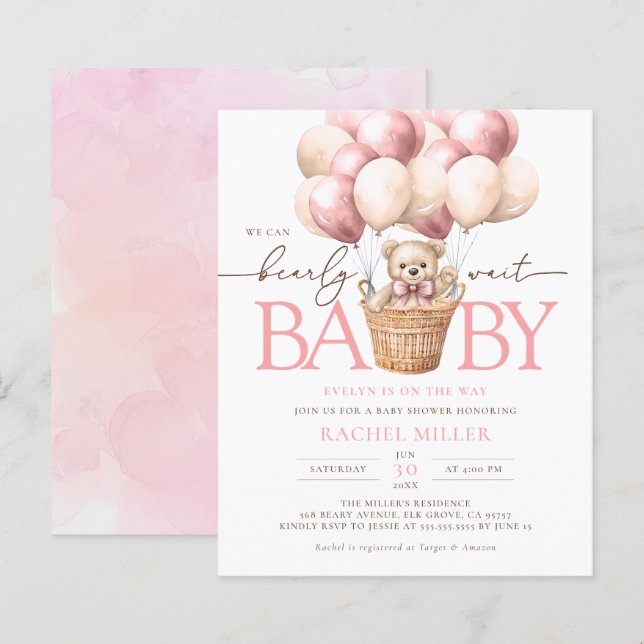 Budget We Can Bearly Wait Pink Baby Shower Invite (Front/Back)