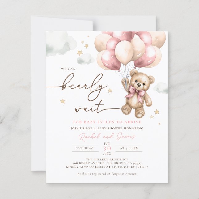 Budget We Can Bearly Wait Pink Baby Shower Invite (Front)