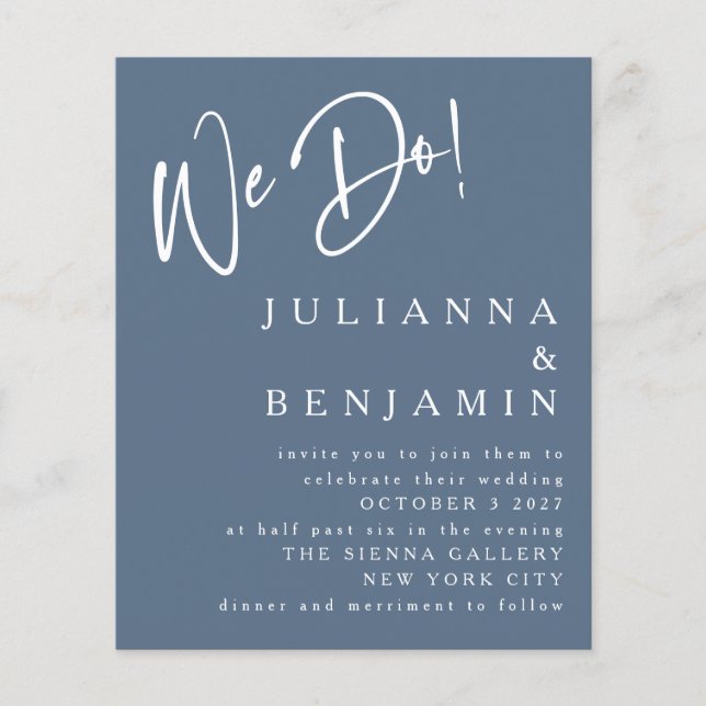 Budget We Do Elegant Slate Blue Wedding Invite (Front)