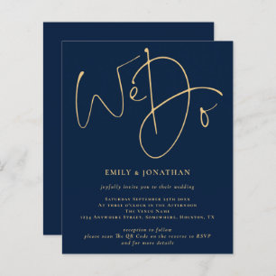 Budget We Do Gold Script Navy QR Wedding Invite