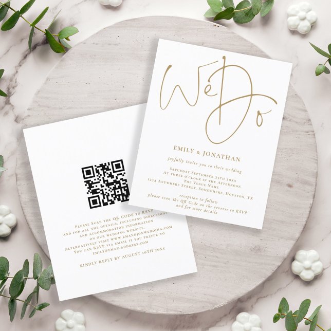 Budget We Do Gold Script QR Code Wedding Invite (Front and back view. A smaller size, Budget price value invitation)
