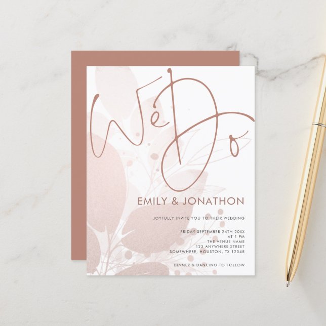 Budget We Do Rose Gold Foliage Wedding Invitation (Front/Back In Situ)