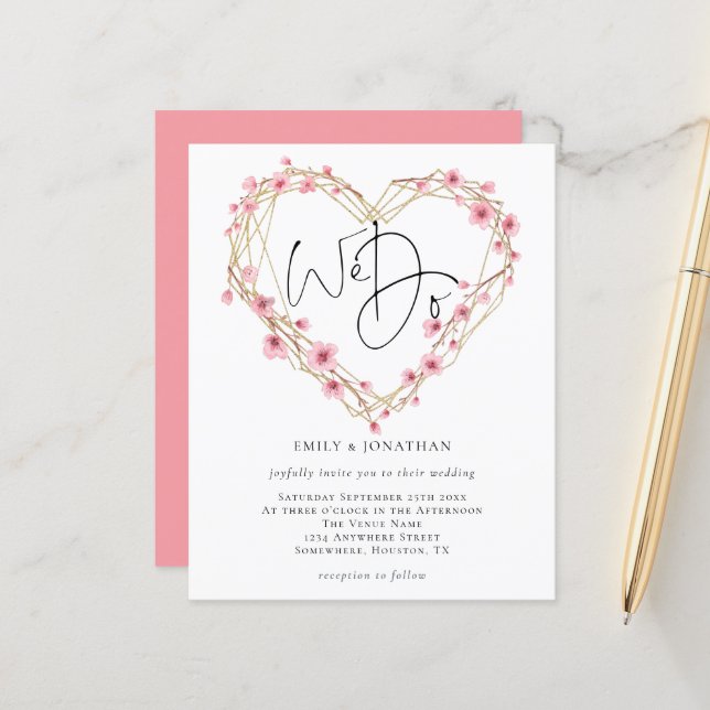 Budget We Do Sakura Heart Frame Wedding Invitation (Front/Back In Situ)