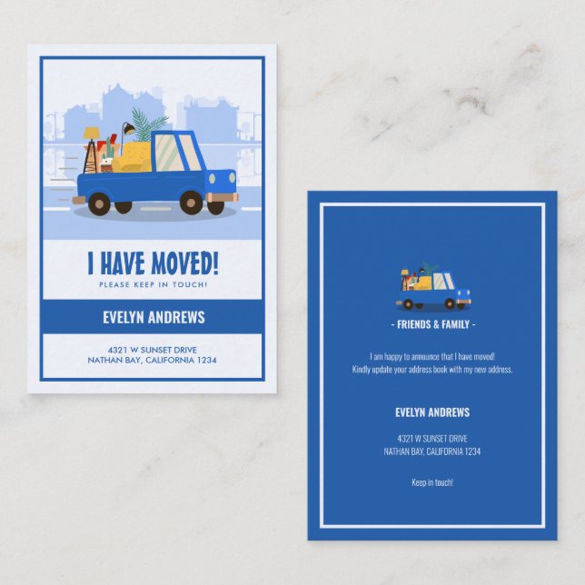 Budget We’ve Moved Blue Car On The Road Moving Note Card (Front/Back)
