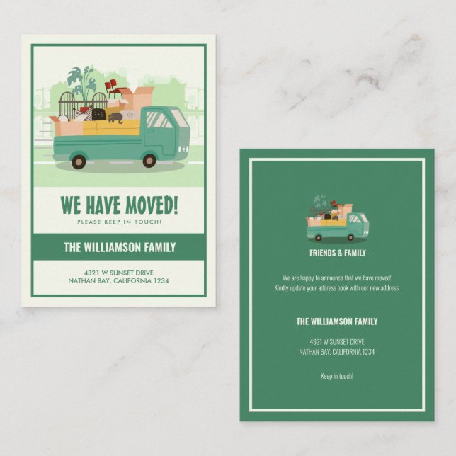 Budget We’ve Moved Green Truck On The Road Moving Note Card (Front/Back)