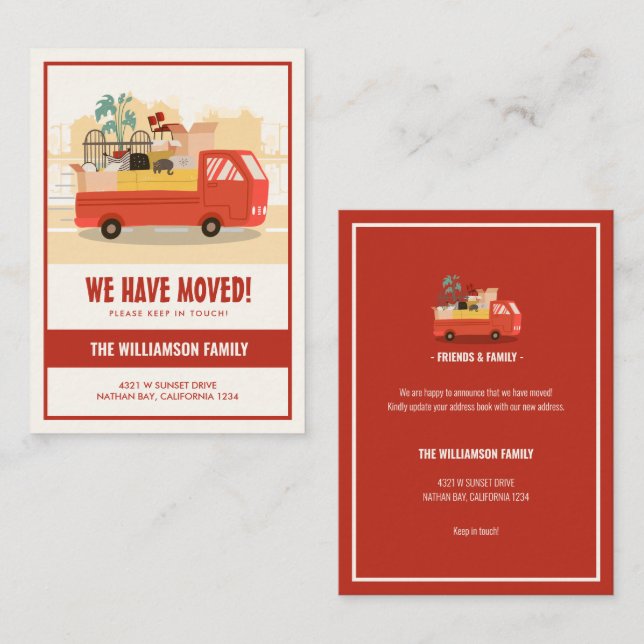 Budget We’ve Moved Red Truck On The Road Moving Note Card (Front/Back)