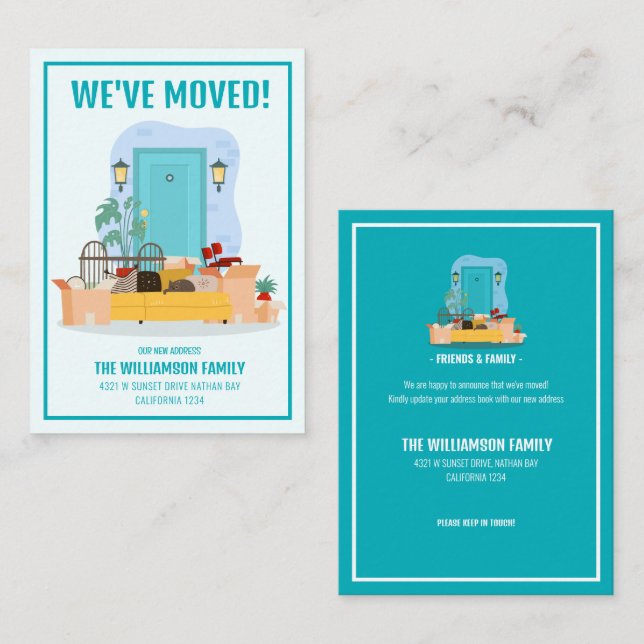 Budget We’ve Moved Turquoise Front Door Moving Note Card (Front/Back)