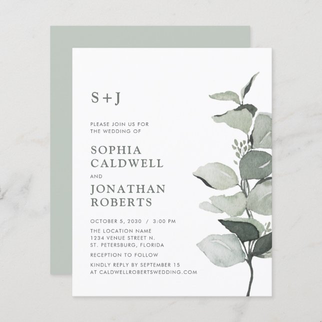 Budget Website RSVP Sage Eucalyptus Wedding Invite (Front/Back)